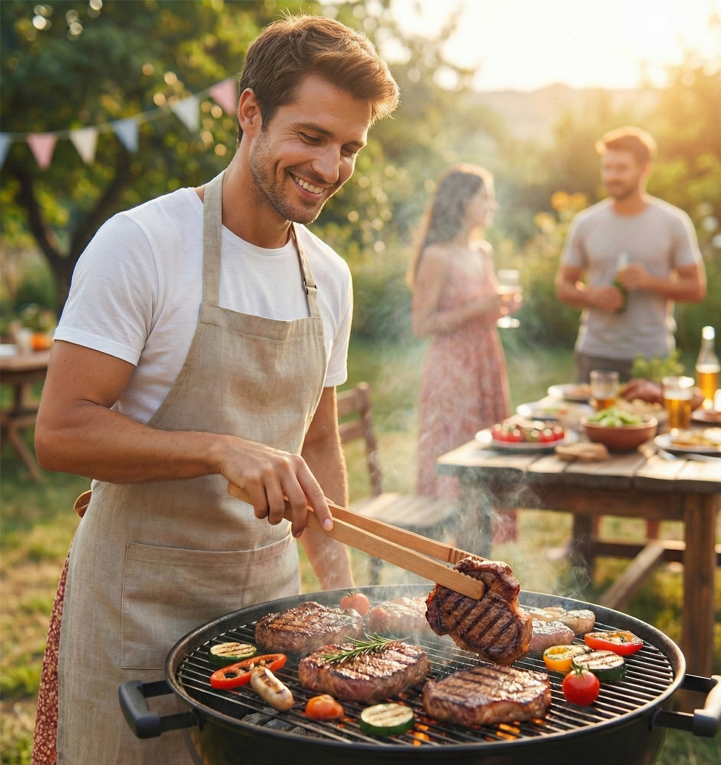 Grillbesteck-Set 4-Teilig - Buchenholz - Premium Qualität - Grillzange Grillgabel Pfannenwender Kapselheber