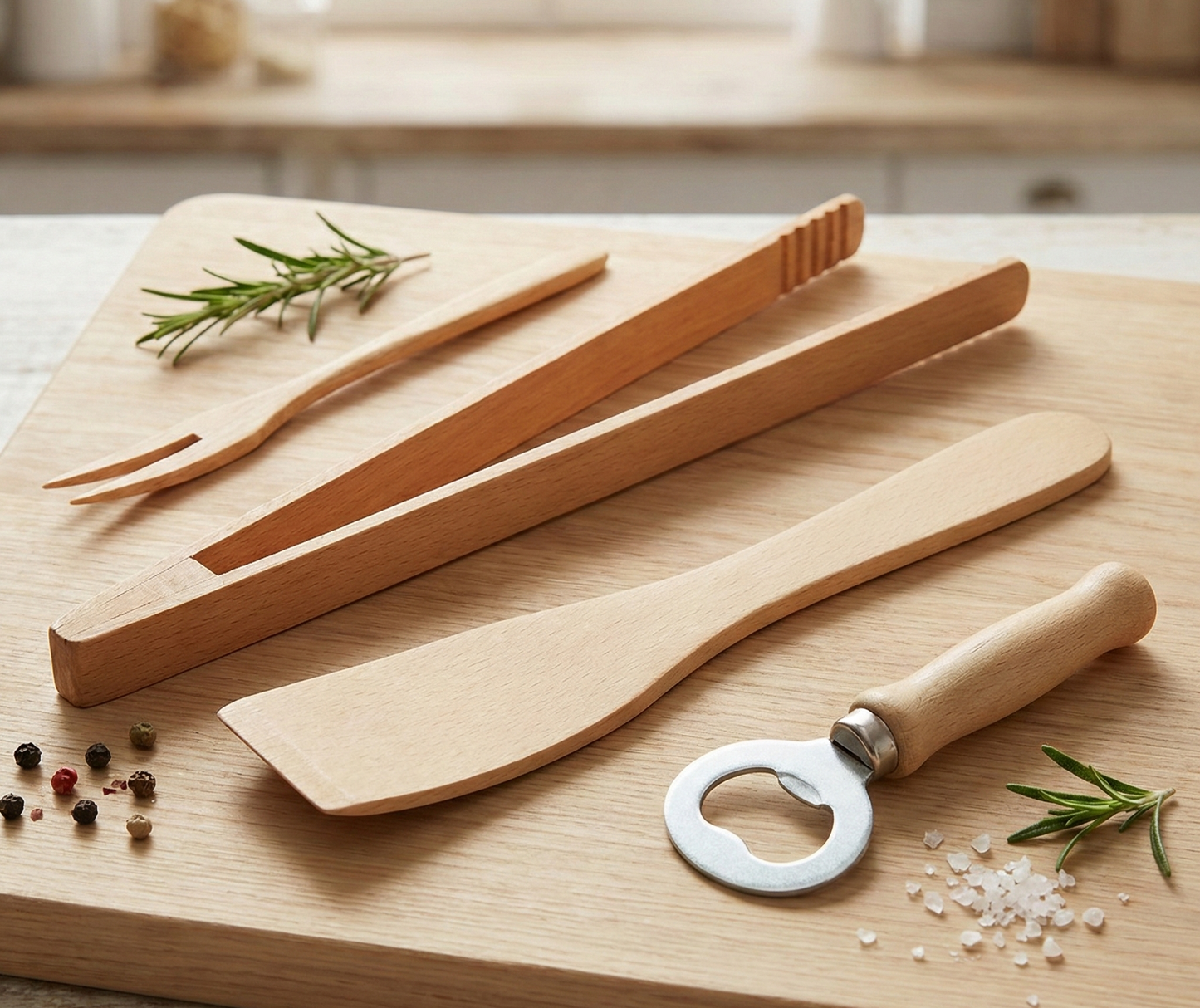 Grillbesteck-Set 4-Teilig - Buchenholz - Premium Qualität - Grillzange Grillgabel Pfannenwender Kapselheber