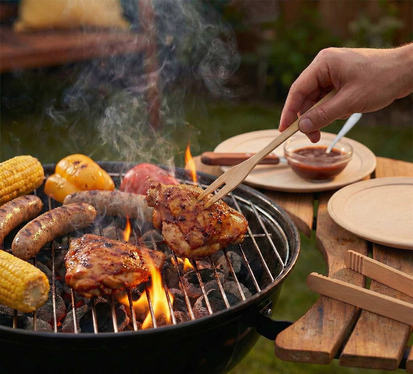 Grillbesteck-Set 4-Teilig - Buchenholz - Premium Qualität - Grillzange Grillgabel Pfannenwender Kapselheber